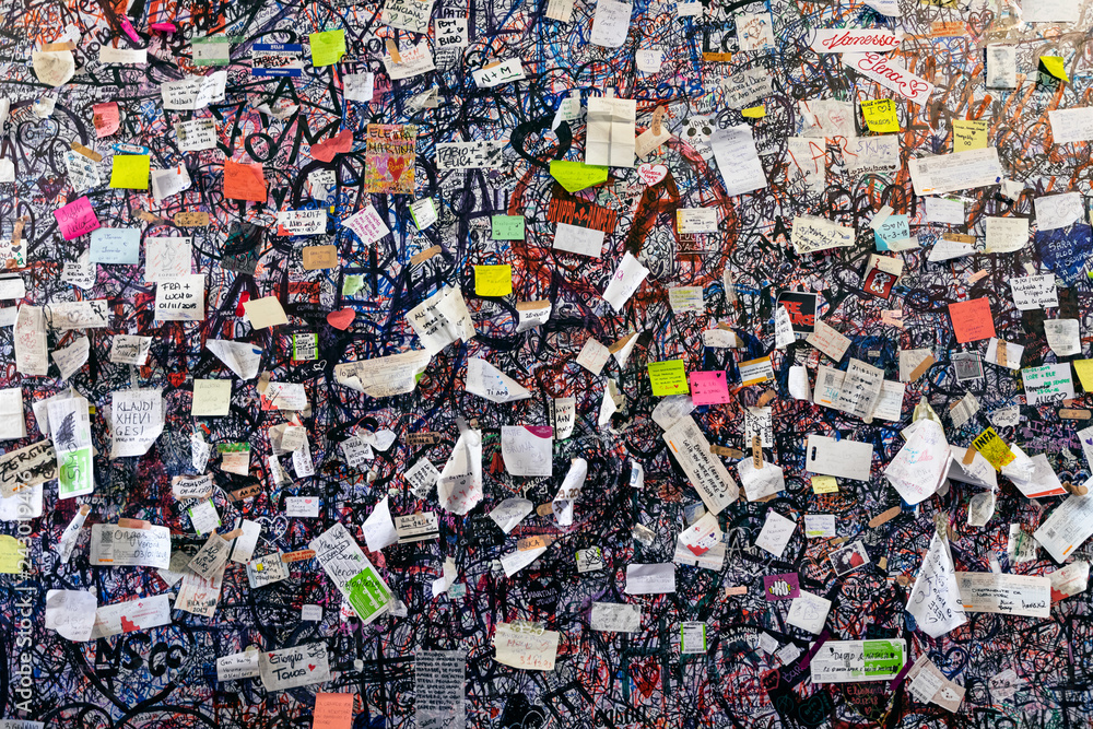 Part of the wall covered with love messages in Juliet house (Casa di Giulietta). Verona, Italy