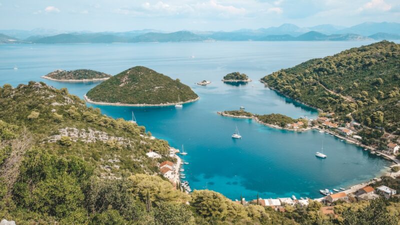 an aerial view of a bay surrounded by mountains