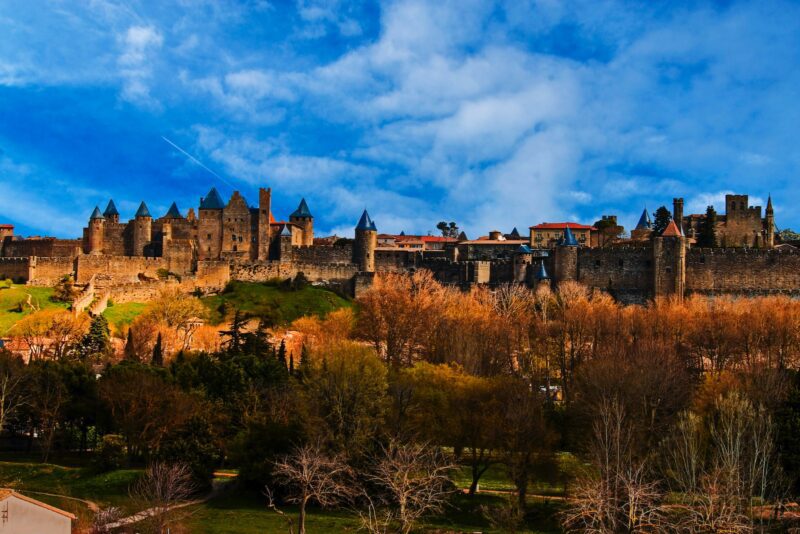 a castle on top of a hill surrounded by trees