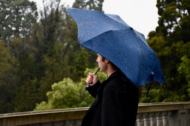 person in black coat holding blue umbrella