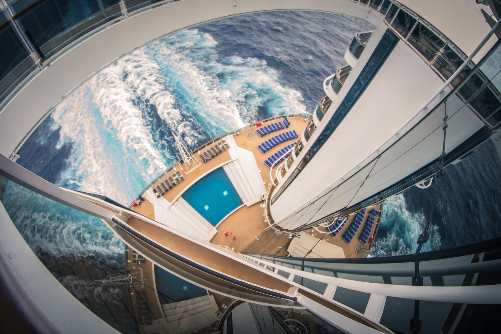 a cruise ship looking down at the deck