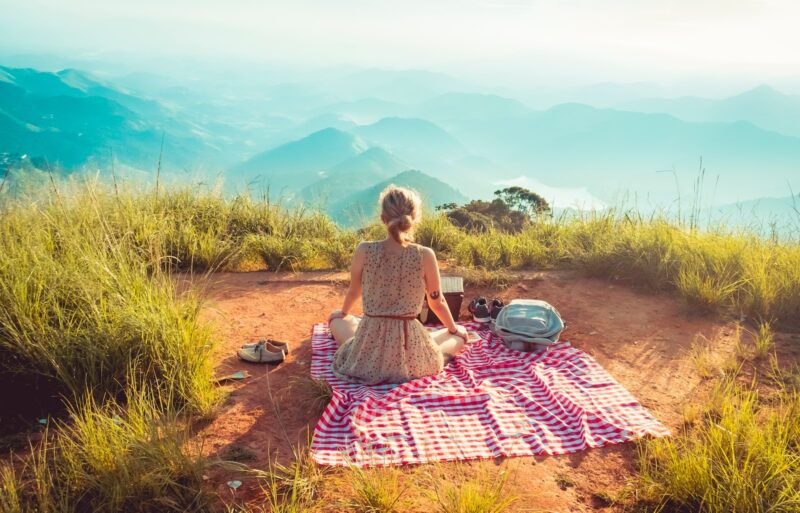 woman wearing gray sleeveless dress sitting on the picnic mat