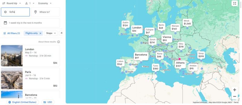 Google flights explore feature