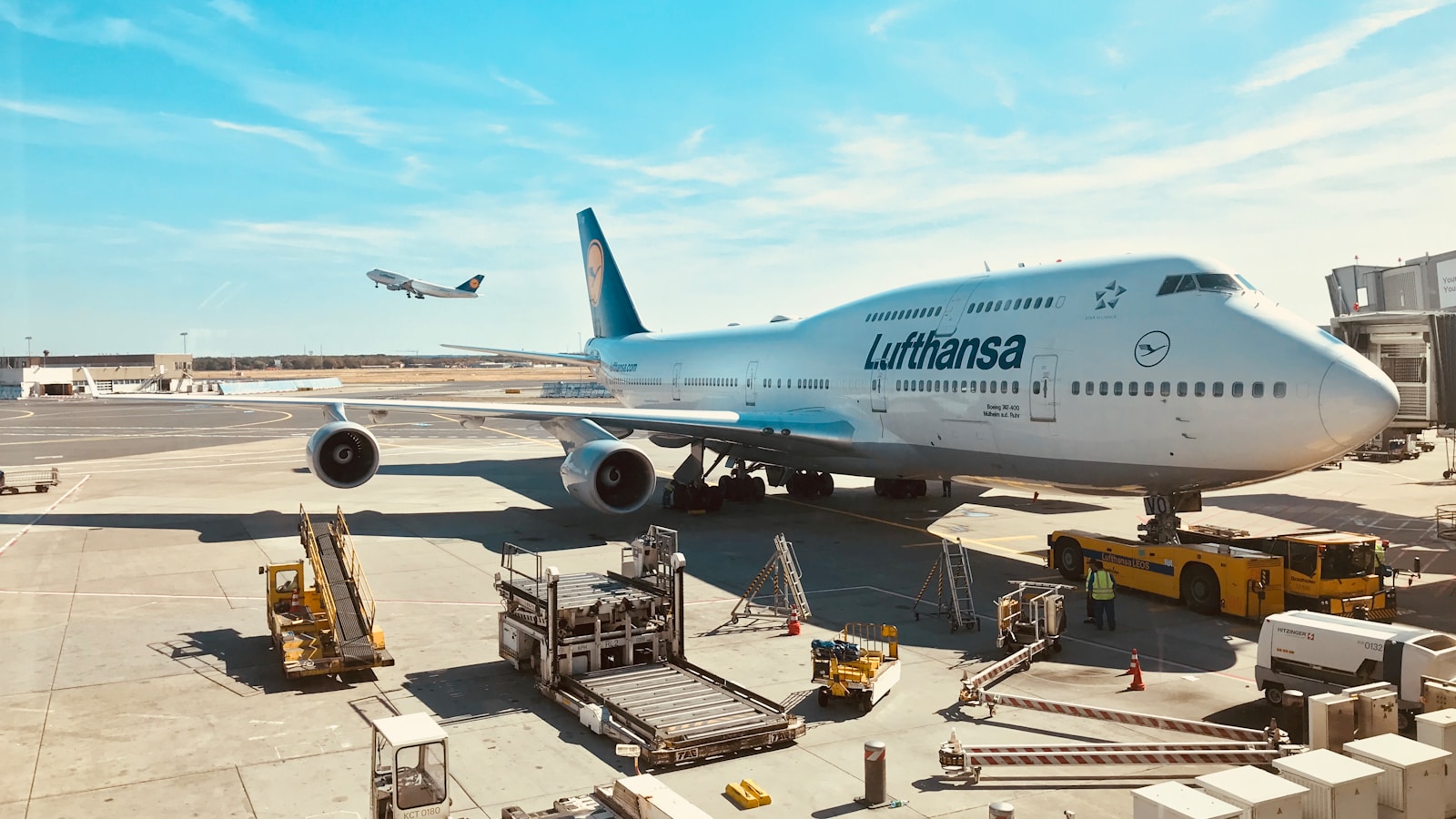 a large airplane is parked at an airport